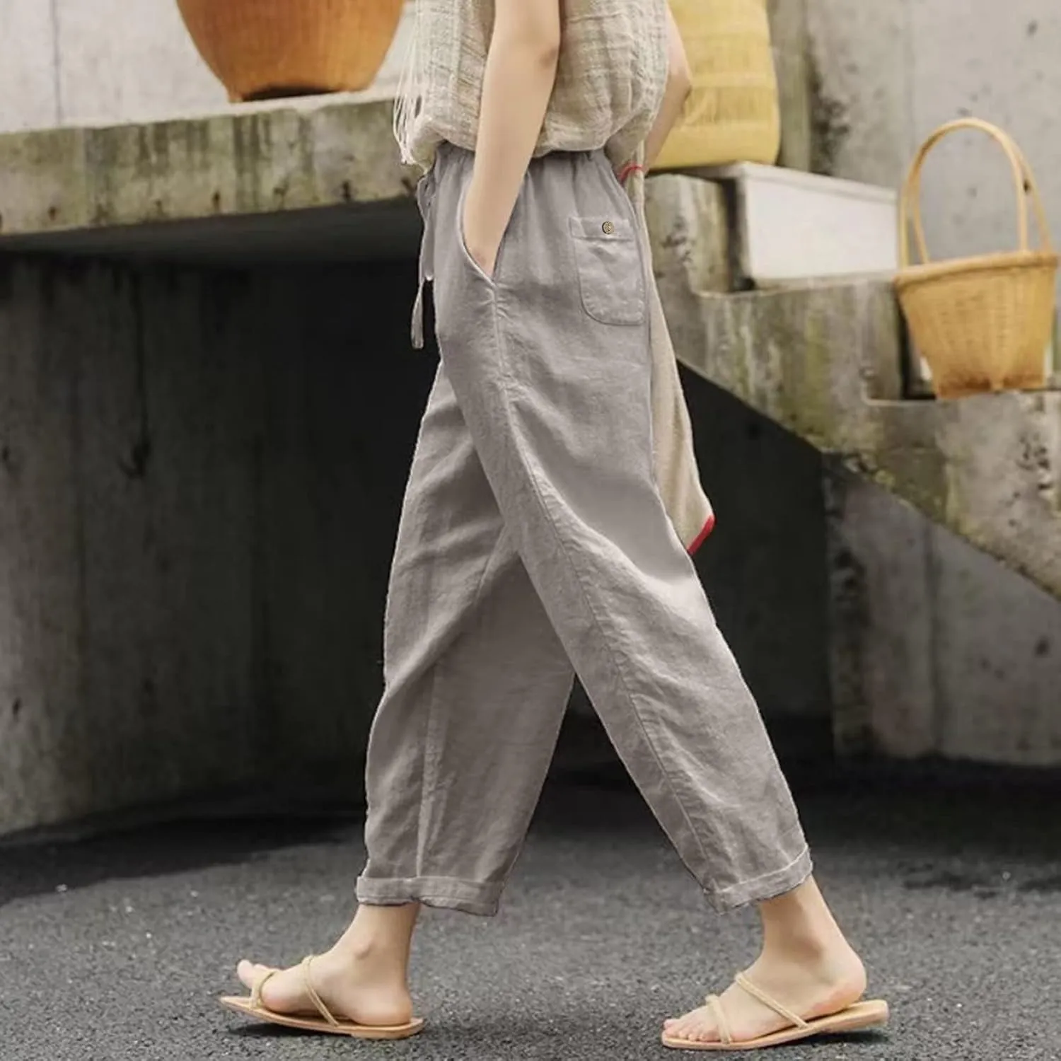 Women's Linen Pants Gauze Pants Baggy Sweatpants BaggyTrousers Casual Comfy Work Pantsuit with Pockets