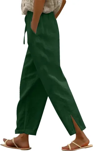 Women's Linen Pants High Waist Drawstring Wide Leg Cropped Pants Casual Loose Lightweight Beach Trousers with Pockets