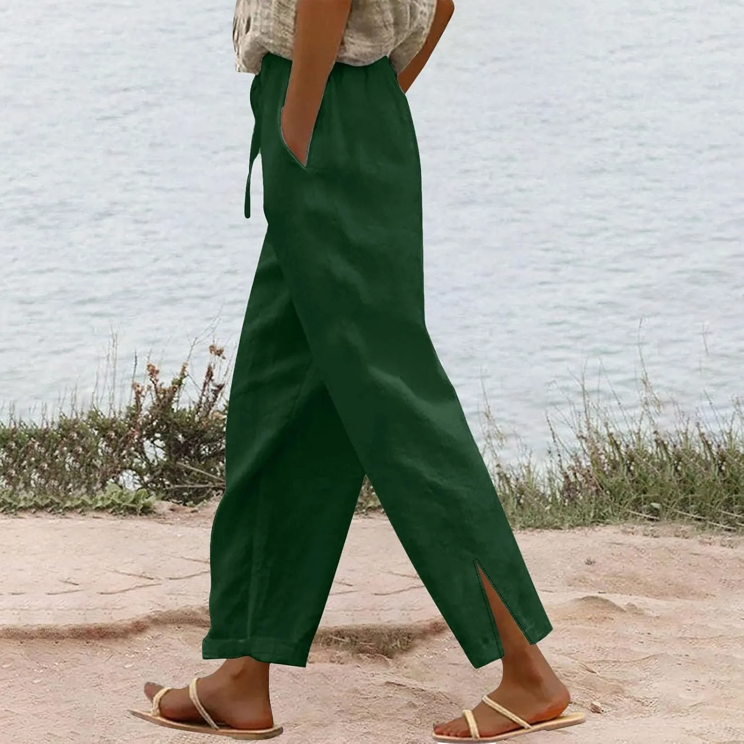 Women's Linen Pants High Waist Drawstring Wide Leg Cropped Pants Casual Loose Lightweight Beach Trousers with Pockets