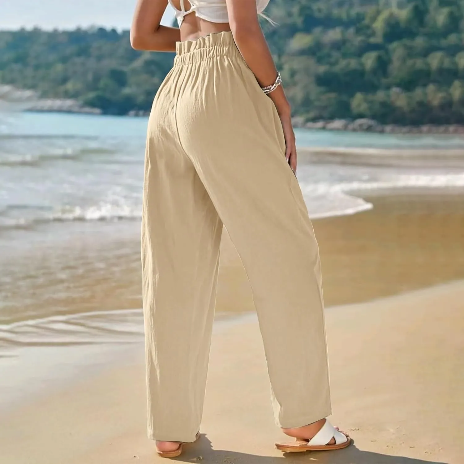 Womens Linen Pants Summer High Waisted Work Pants Trousers Lightweight Paperbag Elastic Waist Pants with Pockets