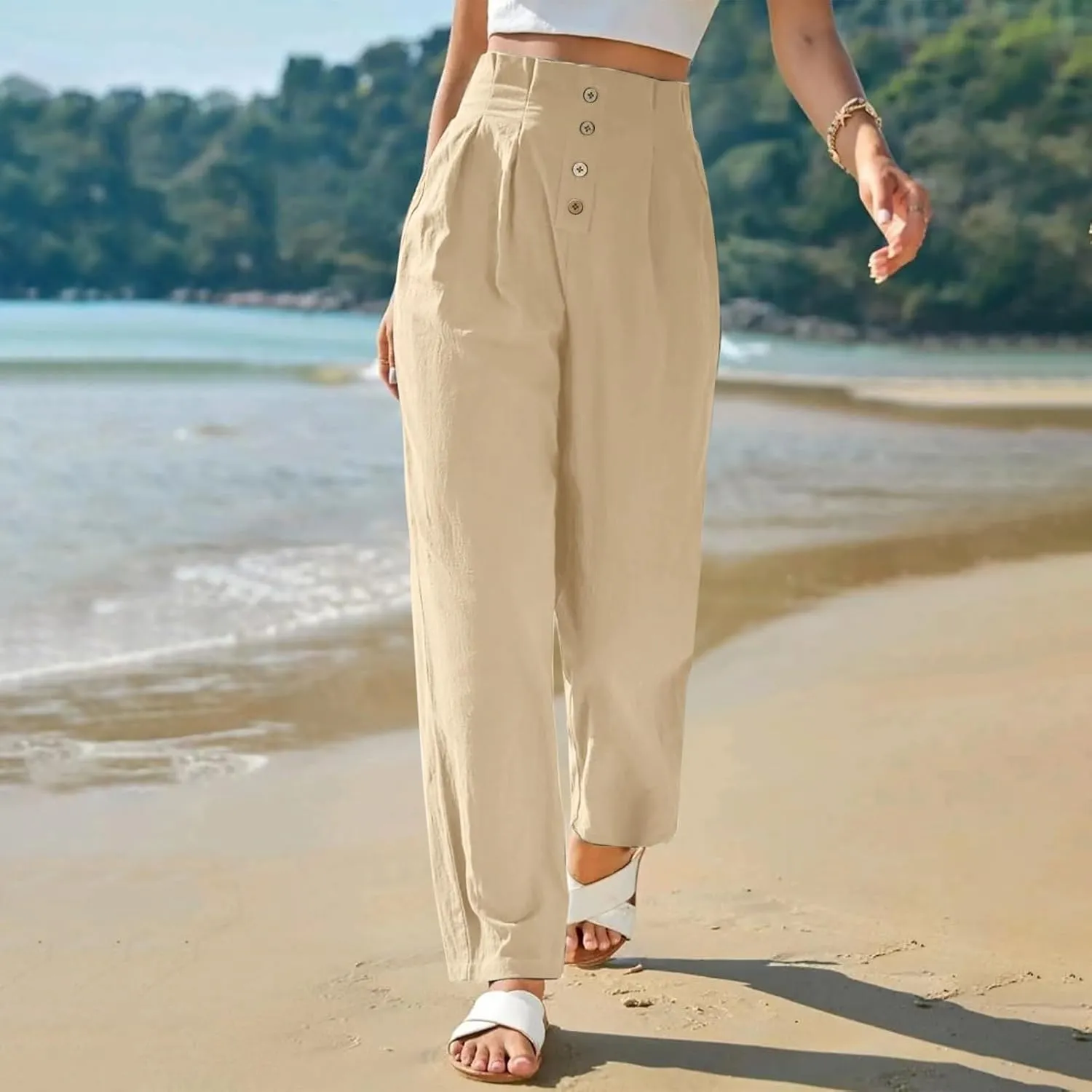 Womens Linen Pants Summer High Waisted Work Pants Trousers Lightweight Paperbag Elastic Waist Pants with Pockets