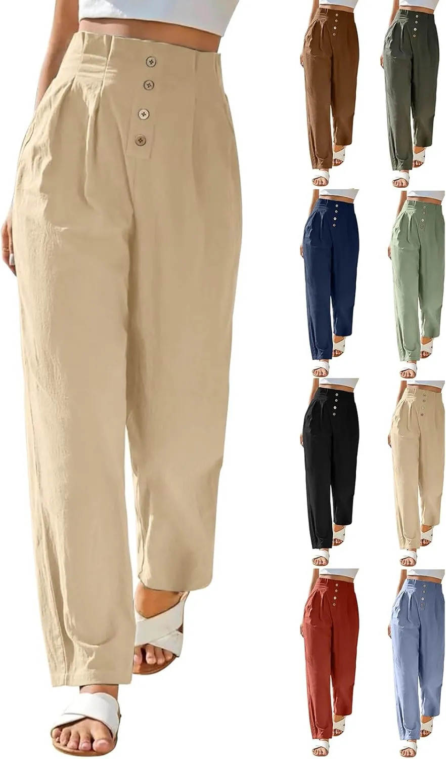 Womens Linen Pants Summer High Waisted Work Pants Trousers Lightweight Paperbag Elastic Waist Pants with Pockets