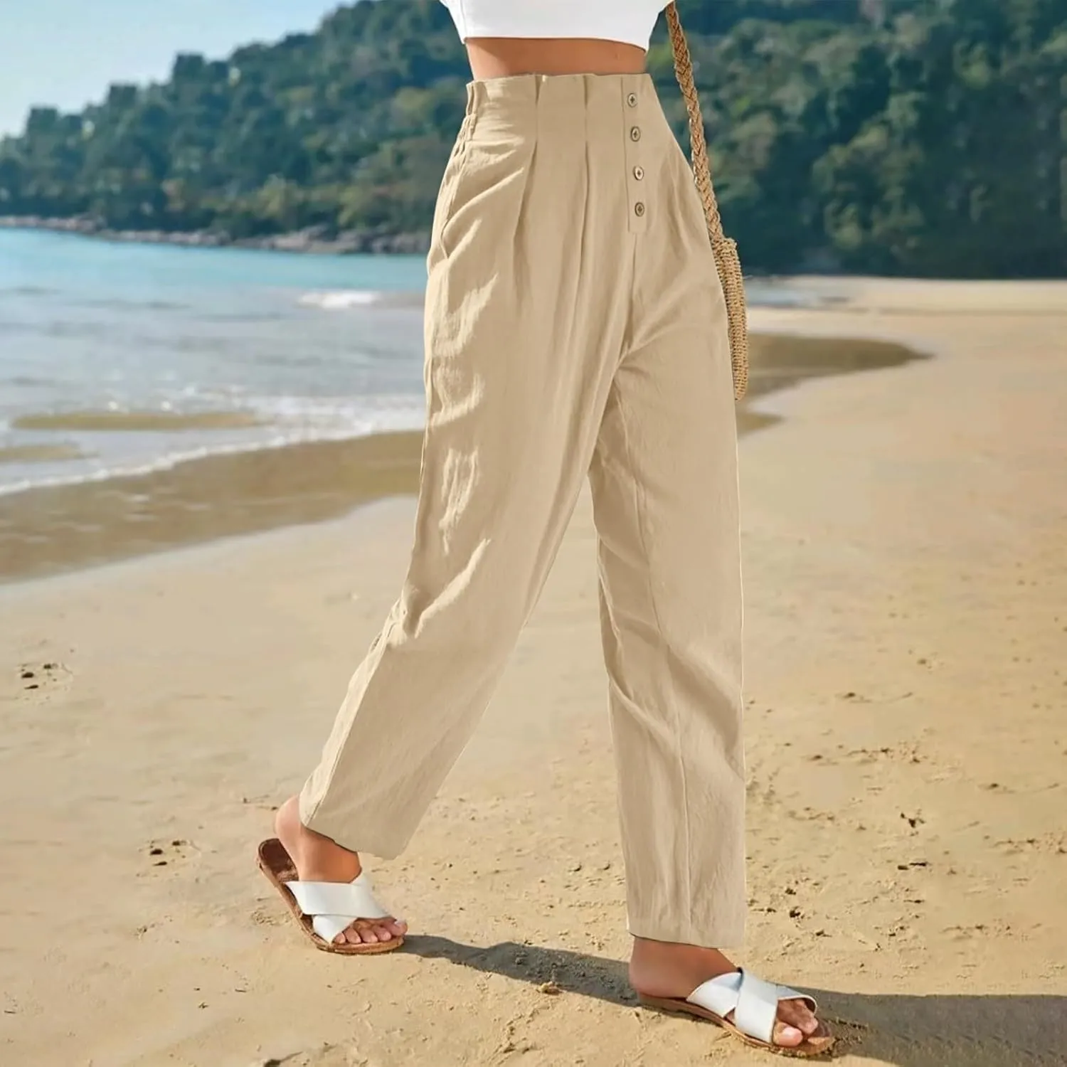 Womens Linen Pants Summer High Waisted Work Pants Trousers Lightweight Paperbag Elastic Waist Pants with Pockets