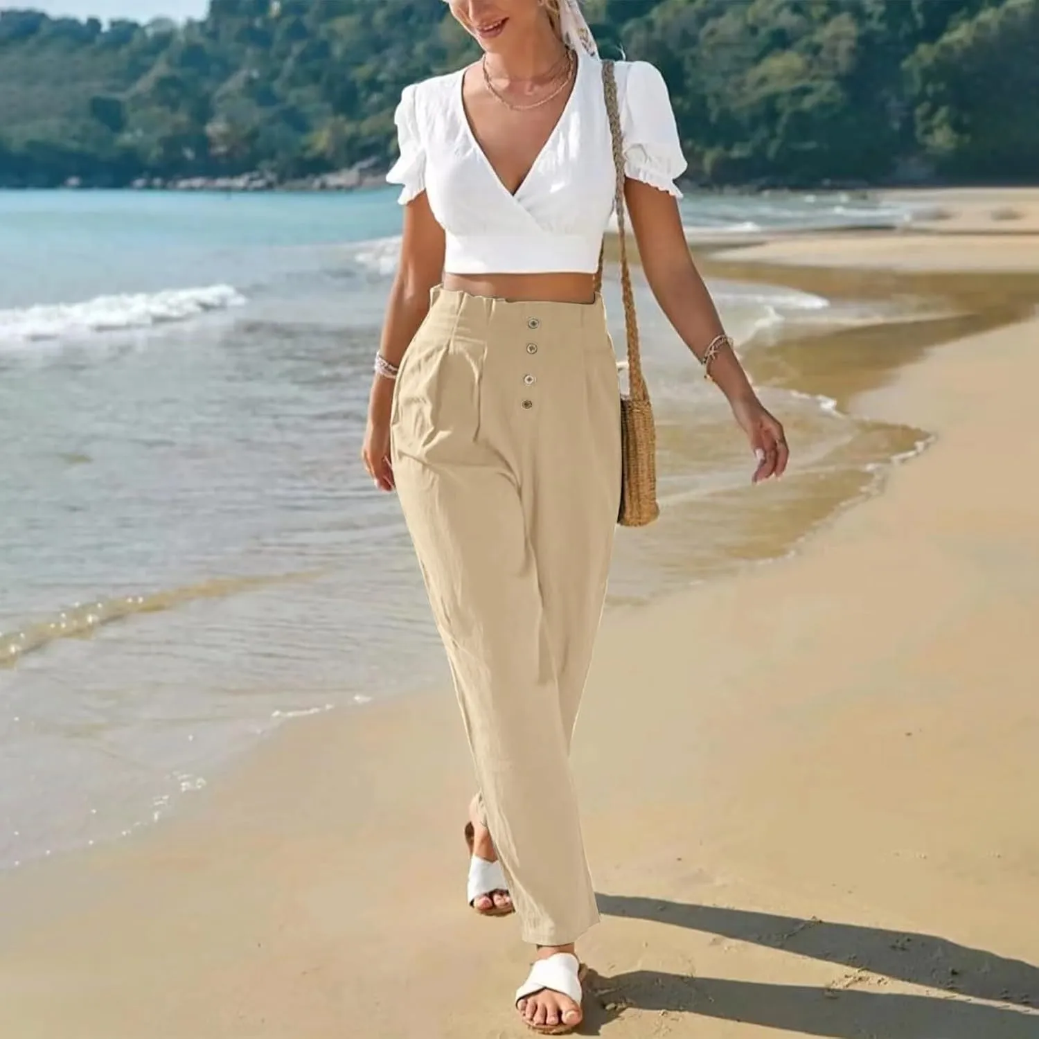 Womens Linen Pants Summer High Waisted Work Pants Trousers Lightweight Paperbag Elastic Waist Pants with Pockets