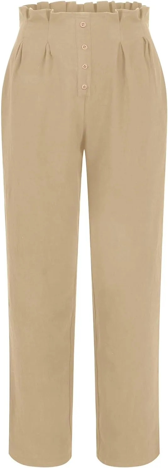 Womens Linen Pants Summer High Waisted Work Pants Trousers Lightweight Paperbag Elastic Waist Pants with Pockets