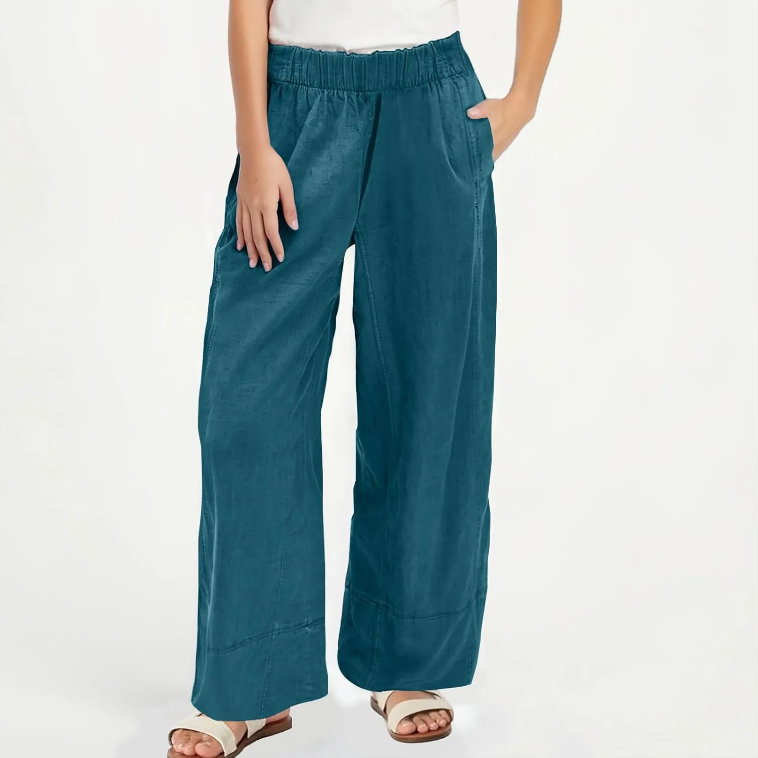 Womens Linen Pants with Pocket Summer High Waist Casual Wide Leg Pants Plus Size Trendy Flowy Palazzo Trousers