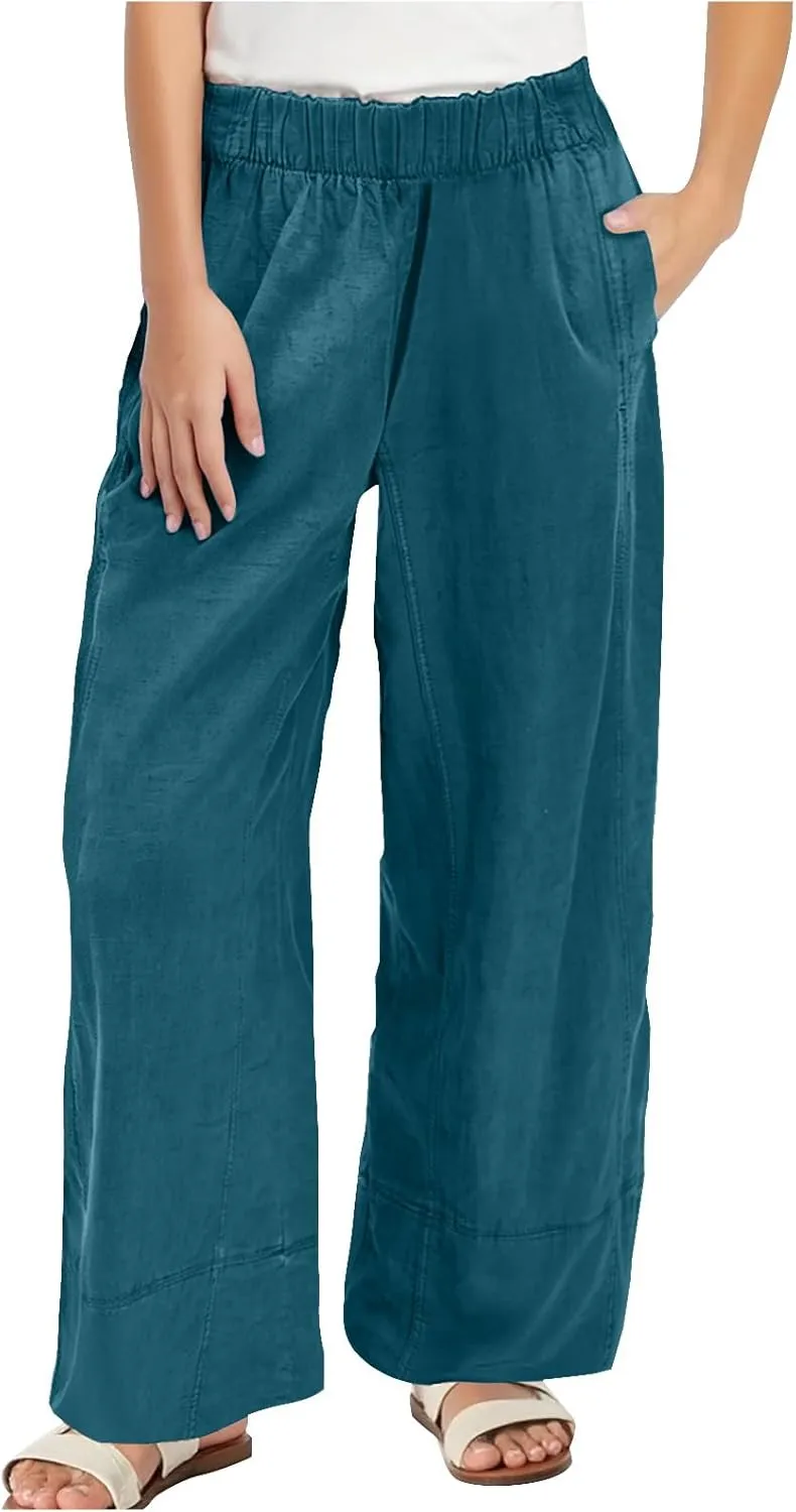 Womens Linen Pants with Pocket Summer High Waist Casual Wide Leg Pants Plus Size Trendy Flowy Palazzo Trousers