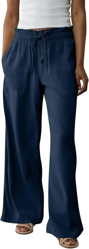 Womens Linen Pants with Pockets Summer Drawstring Elastic Waist Pants Straight Leg Comfy Flowy Beach Palazzo Trousers