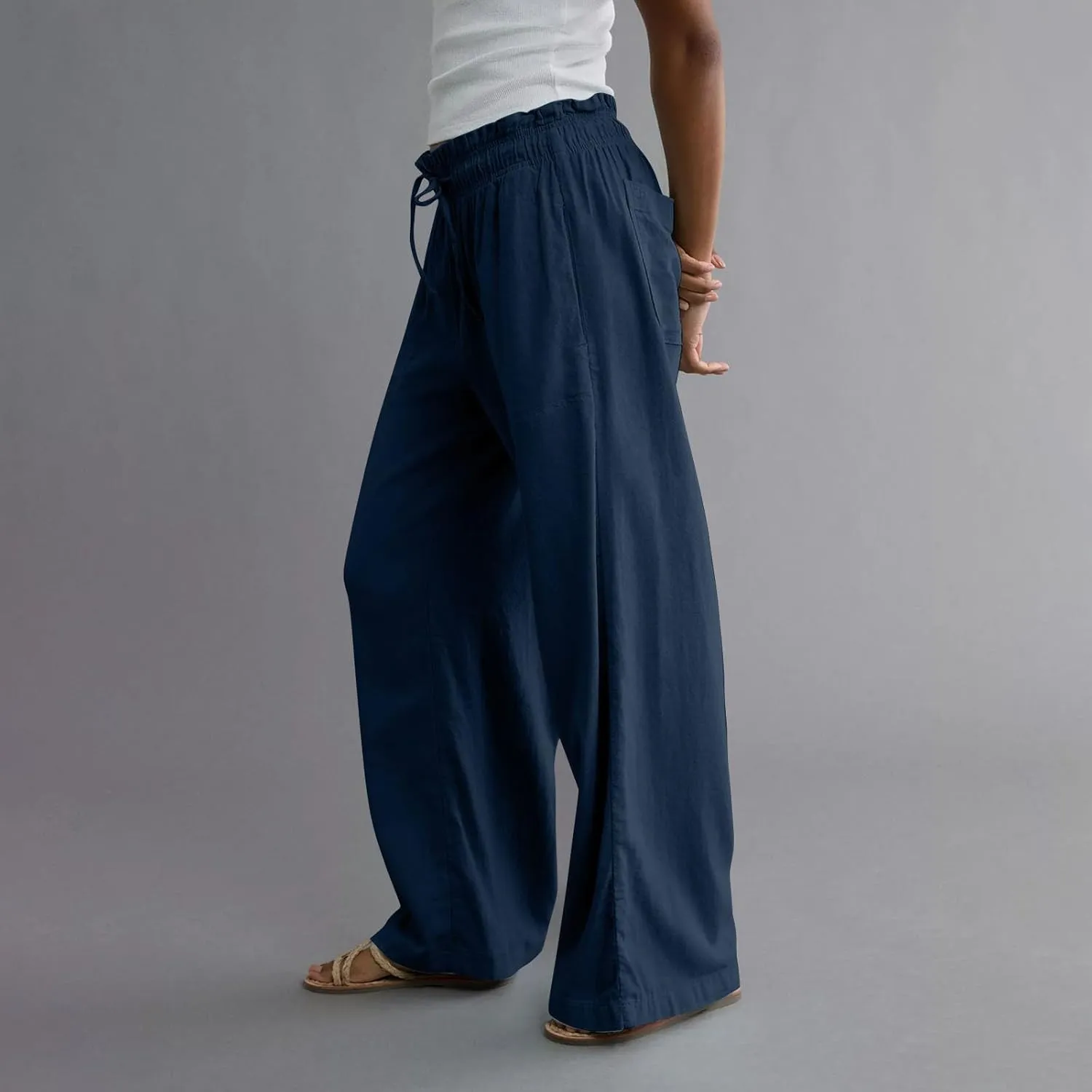 Womens Linen Pants with Pockets Summer Drawstring Elastic Waist Pants Straight Leg Comfy Flowy Beach Palazzo Trousers