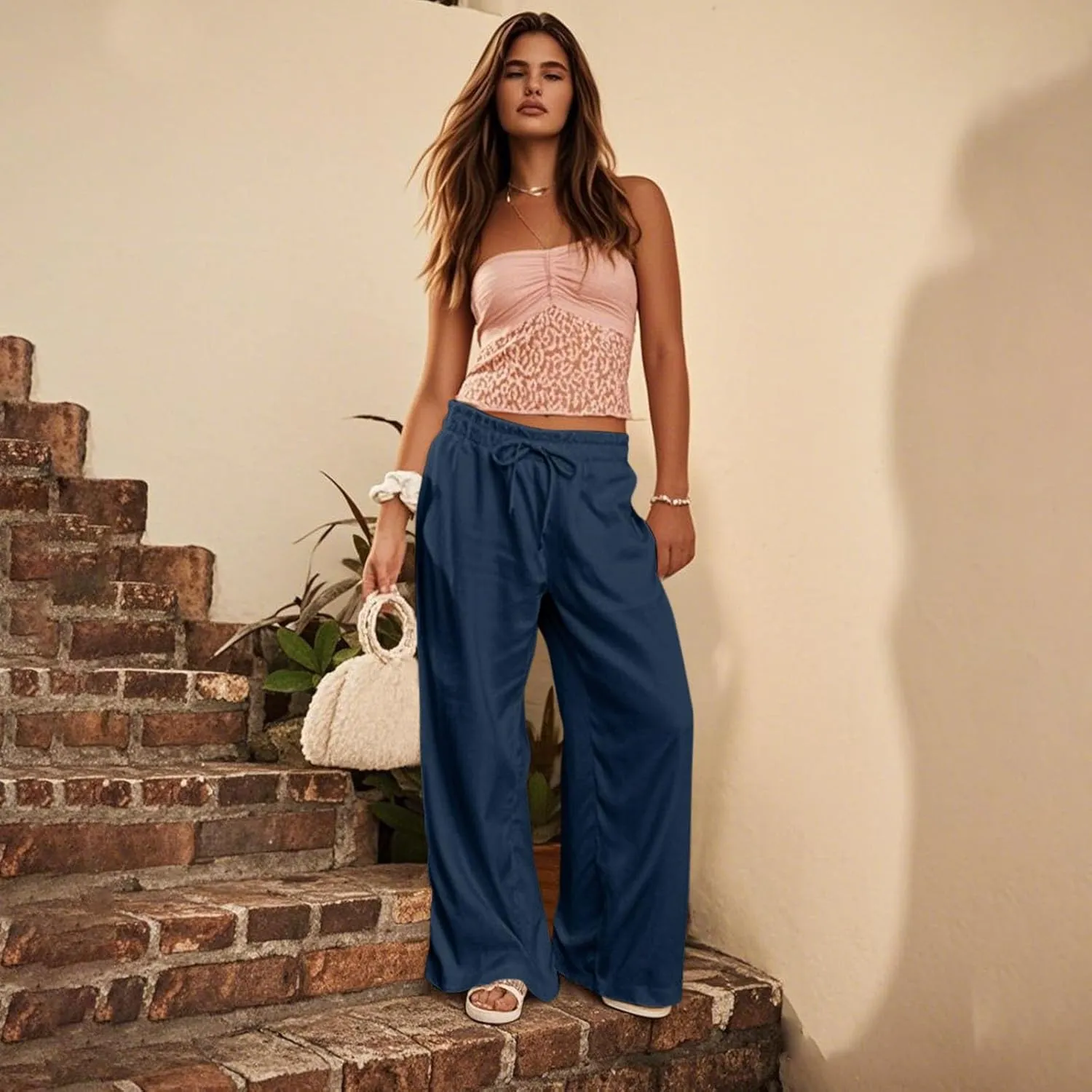 Womens Linen Pants with Pockets Summer Drawstring Elastic Waist Pants Straight Leg Comfy Flowy Beach Palazzo Trousers