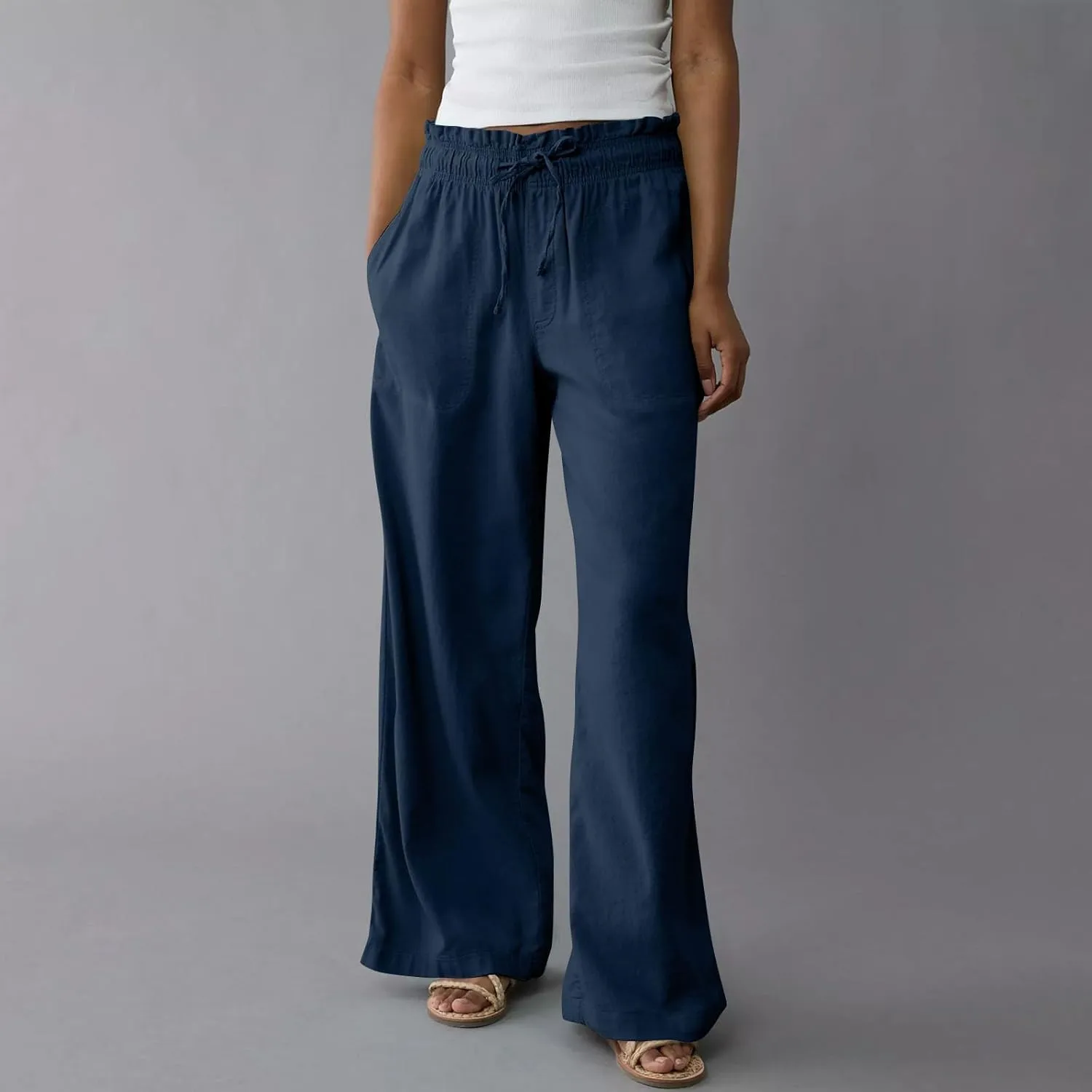 Womens Linen Pants with Pockets Summer Drawstring Elastic Waist Pants Straight Leg Comfy Flowy Beach Palazzo Trousers