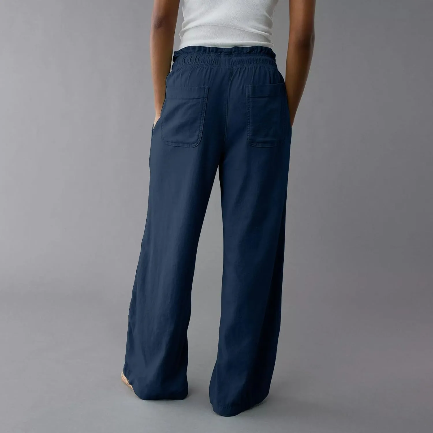 Womens Linen Pants with Pockets Summer Drawstring Elastic Waist Pants Straight Leg Comfy Flowy Beach Palazzo Trousers