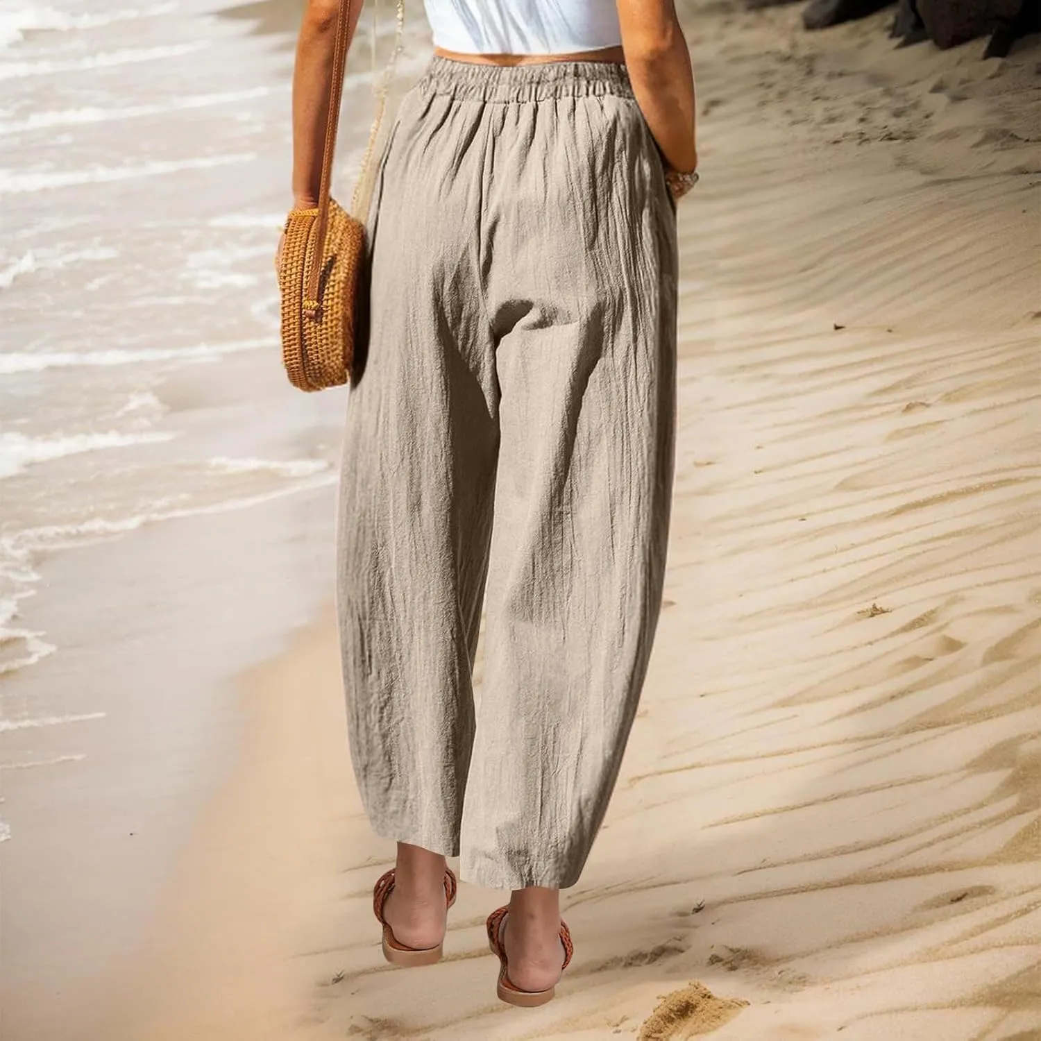 Womens Linen Wide Leg Harem Pants Elastic High Waist Slacks Lightweight Loose Casual Long Lounge Trousers with Pockets