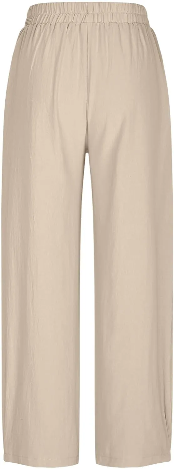 Womens Linen Wide Leg Harem Pants Elastic High Waist Slacks Lightweight Loose Casual Long Lounge Trousers with Pockets