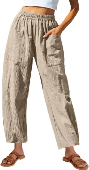 Womens Linen Wide Leg Harem Pants Elastic High Waist Slacks Lightweight Loose Casual Long Lounge Trousers with Pockets
