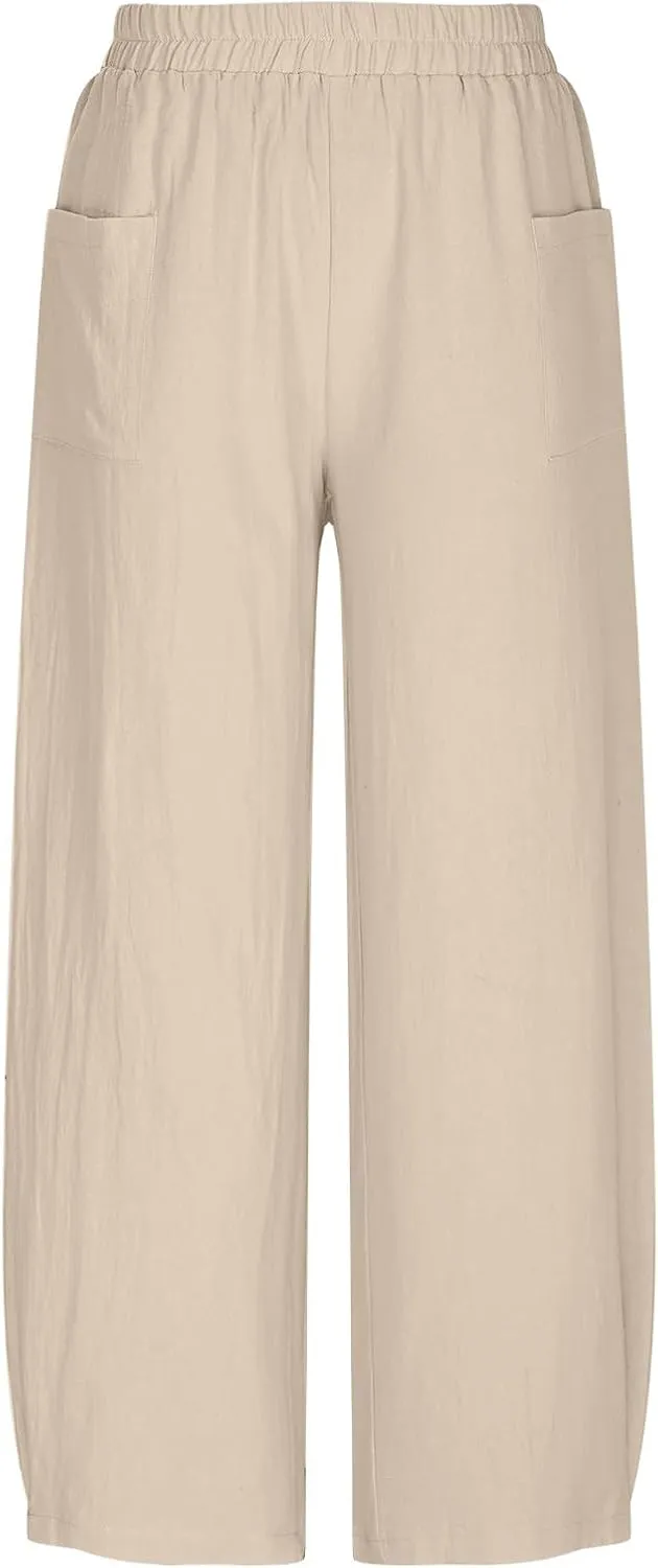 Womens Linen Wide Leg Harem Pants Elastic High Waist Slacks Lightweight Loose Casual Long Lounge Trousers with Pockets