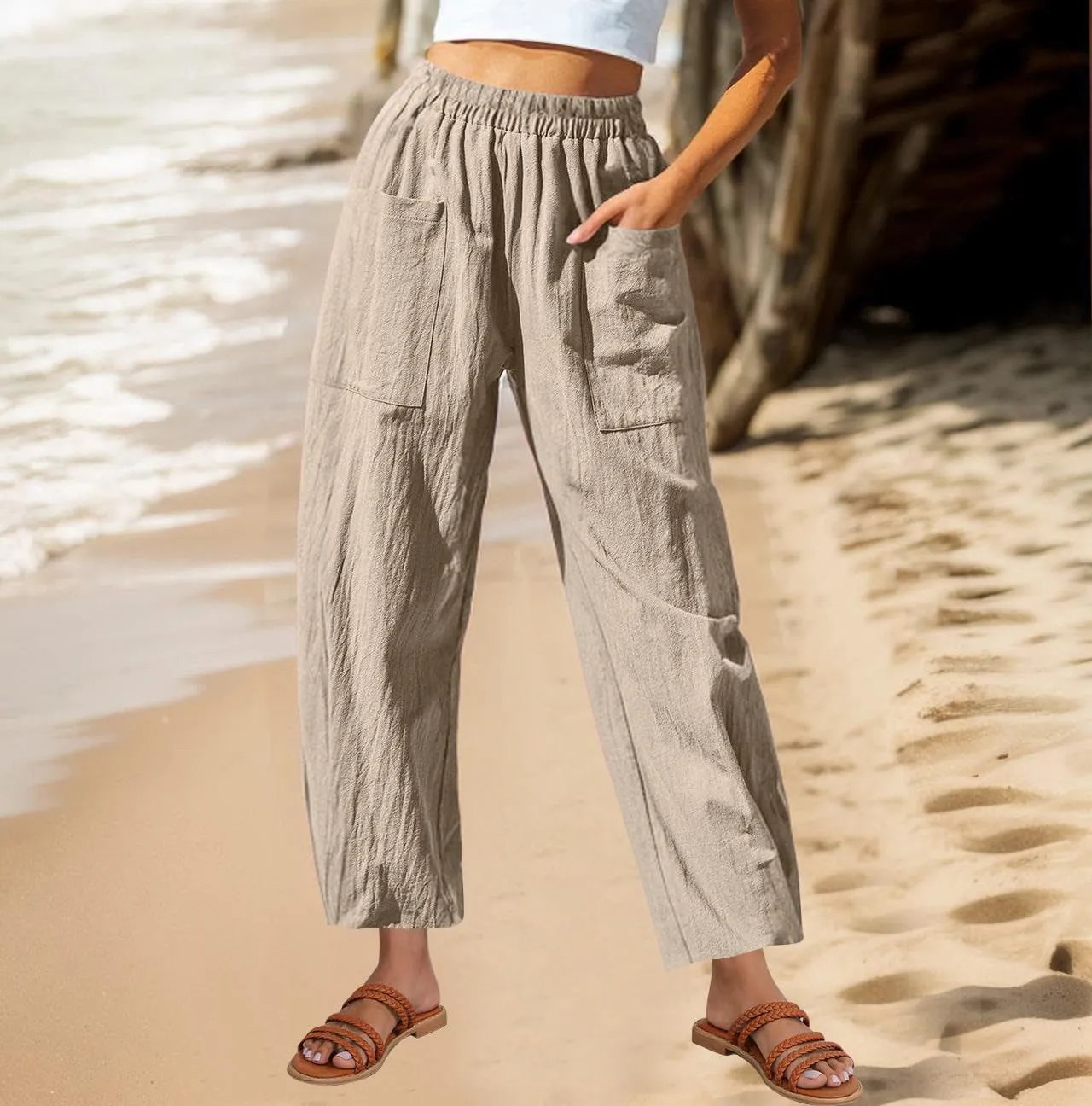 Womens Linen Wide Leg Harem Pants Elastic High Waist Slacks Lightweight Loose Casual Long Lounge Trousers with Pockets