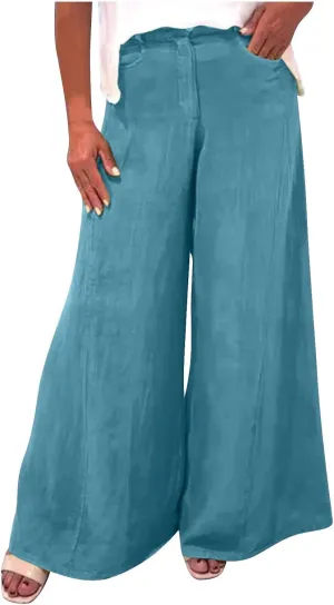 Womens Palazzo Long Pants High Waist Wide Leg Stretchy Loose Fit Casual 2025 Lightweight Summer Trousers with Pockets