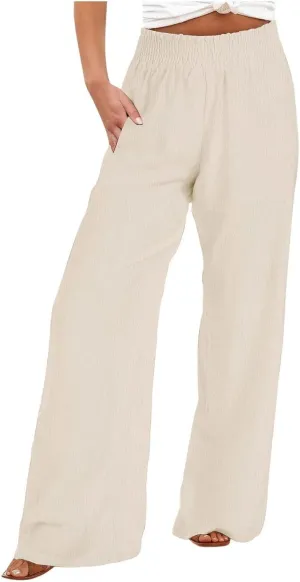 Women's Palazzo Pants High Waisted Boho Casual Drawstring Linen Pants Trousers with Pockets Linen Blend Cargo Pants