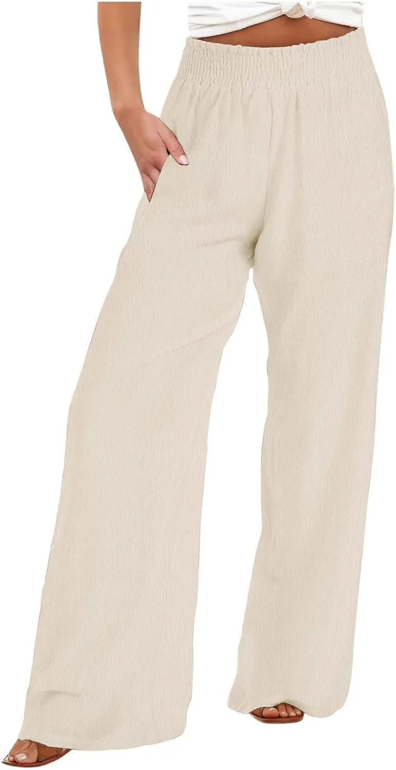Women's Palazzo Pants High Waisted Boho Casual Drawstring Linen Pants Trousers with Pockets Linen Blend Cargo Pants