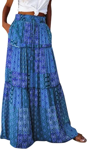Women's Pleated Skirt Casual Loose Trendy Elastic High Waist Floral Print Boho Sun Beach Long Maxi Skirts, S-2XL
