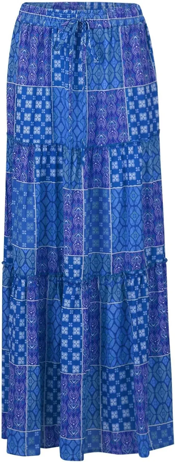 Women's Pleated Skirt Casual Loose Trendy Elastic High Waist Floral Print Boho Sun Beach Long Maxi Skirts, S-2XL