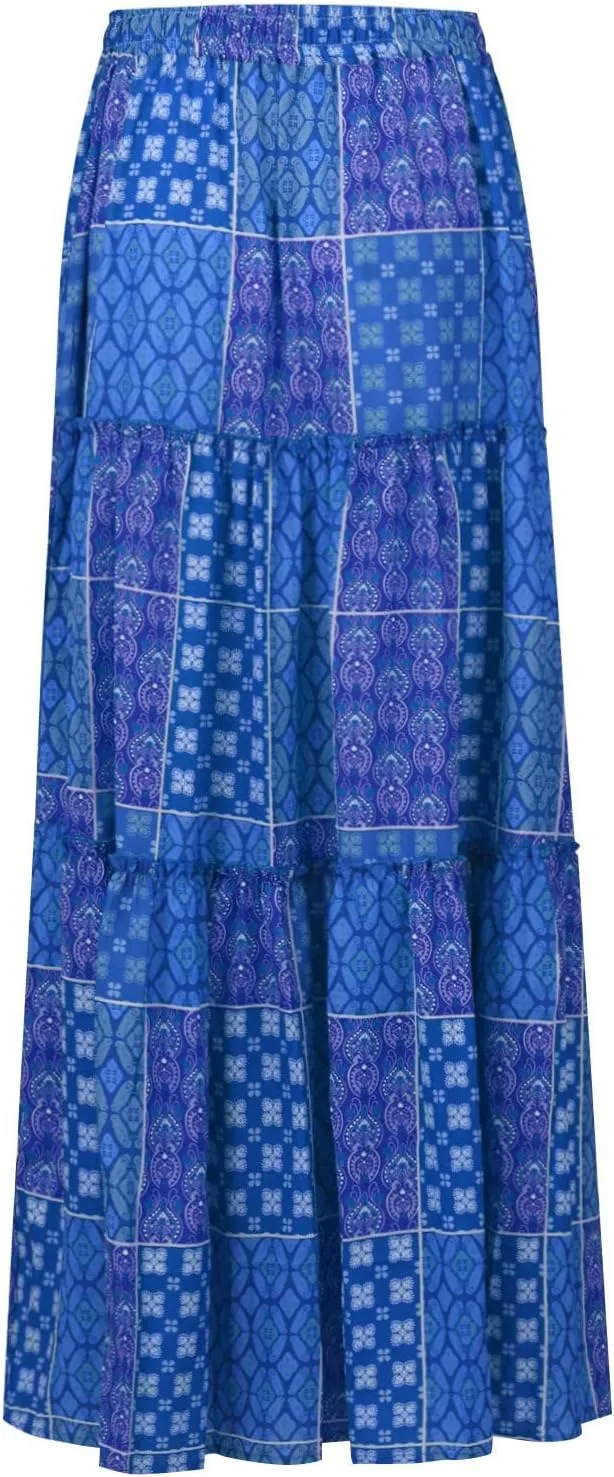 Women's Pleated Skirt Casual Loose Trendy Elastic High Waist Floral Print Boho Sun Beach Long Maxi Skirts, S-2XL