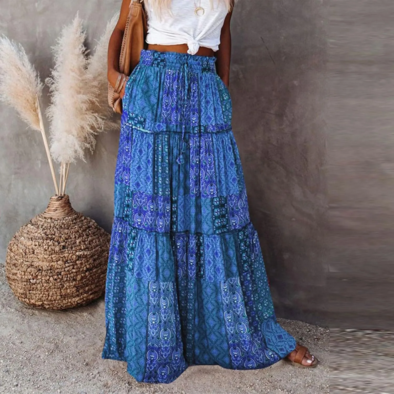 Women's Pleated Skirt Casual Loose Trendy Elastic High Waist Floral Print Boho Sun Beach Long Maxi Skirts, S-2XL