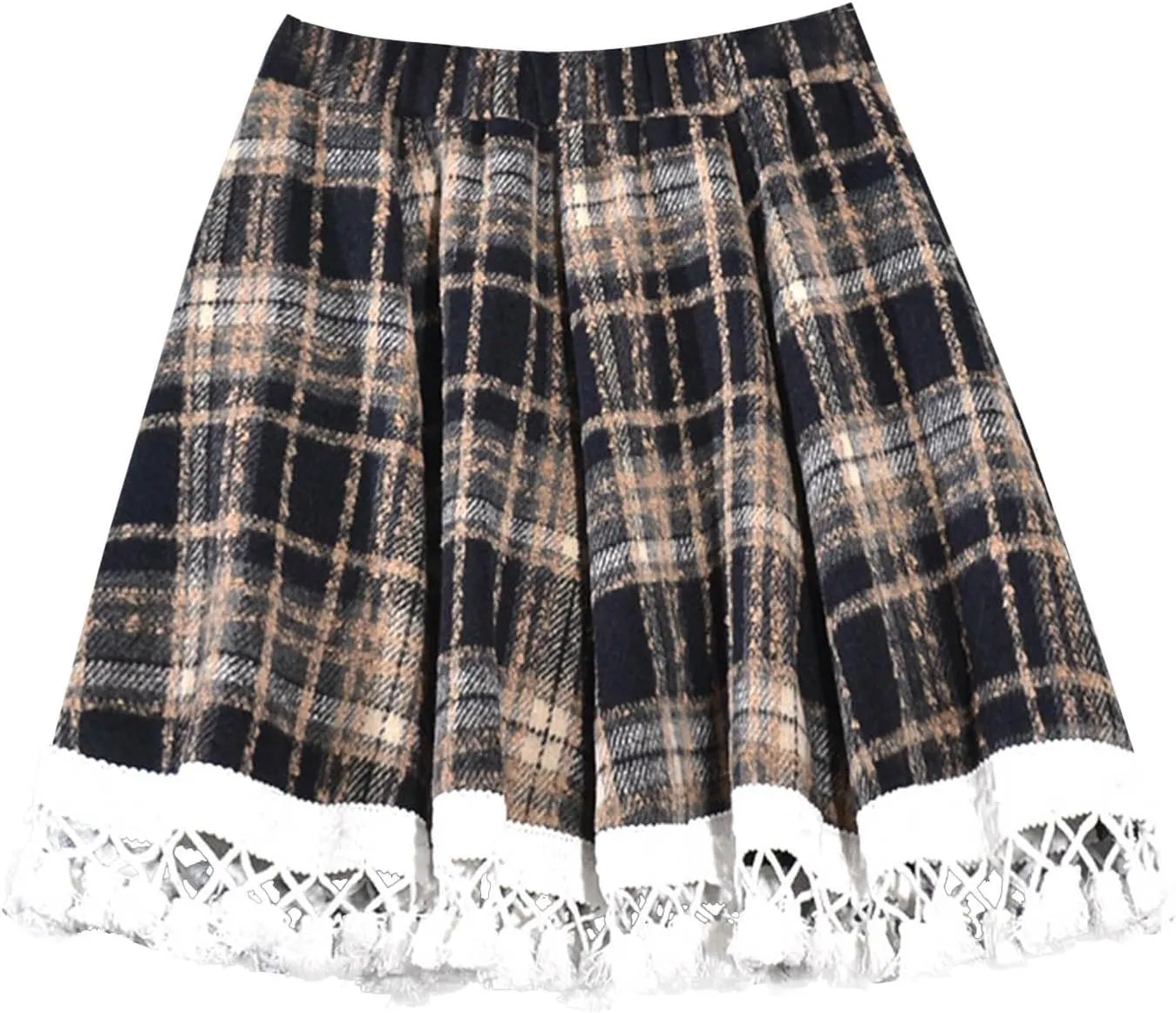 Women's Pleated Skirts with Shorts Woolen Plaid Fall Winter Elastic High Waist Uniform Tennis Casual Mini Skirt