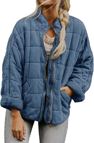 Womens Quilted Jackets Zip Up Puffer Jackets Lightweight Down Coats Casual Long Sleeve Winter Coats with Pockets
