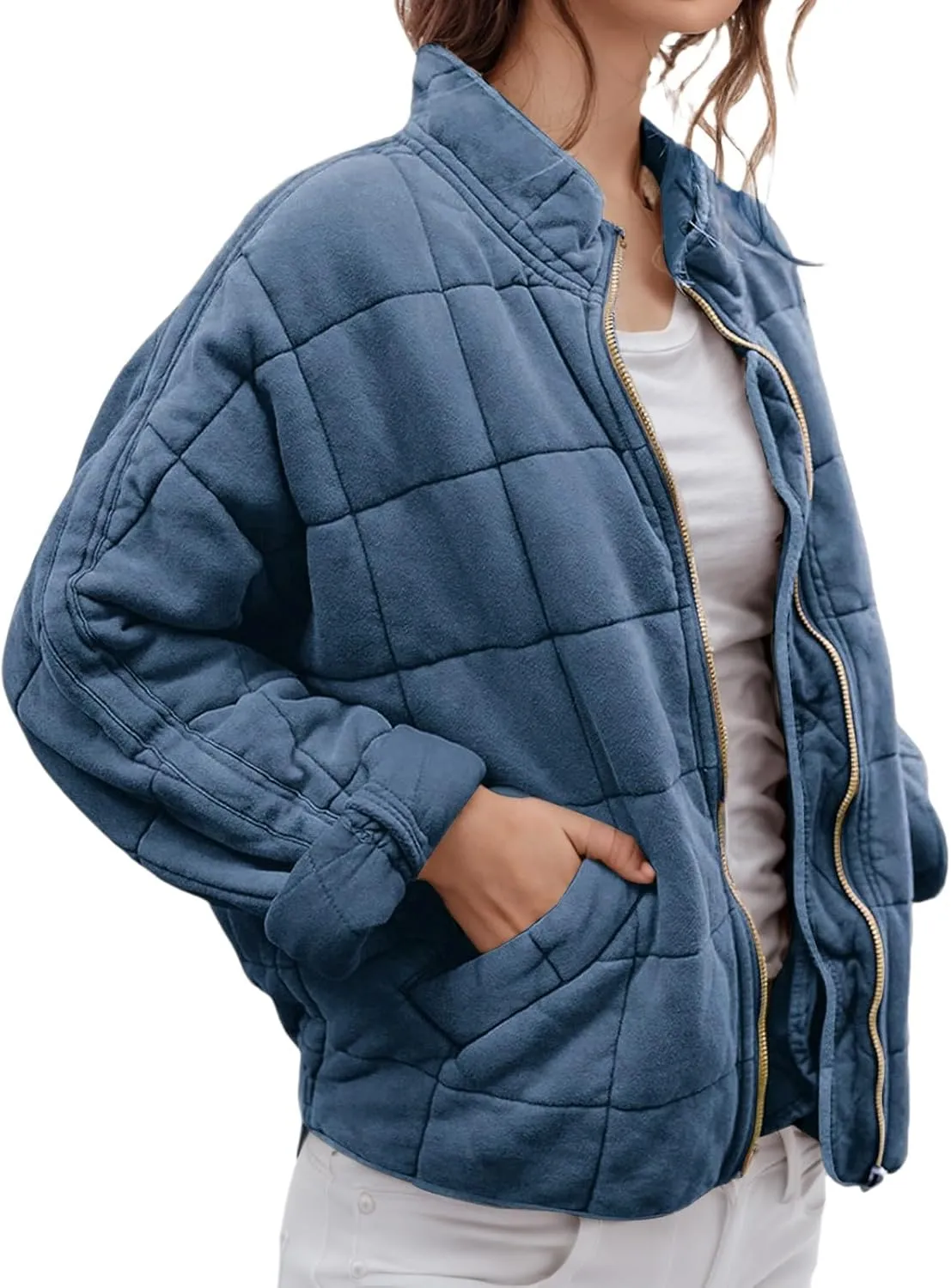 Womens Quilted Jackets Zip Up Puffer Jackets Lightweight Down Coats Casual Long Sleeve Winter Coats with Pockets