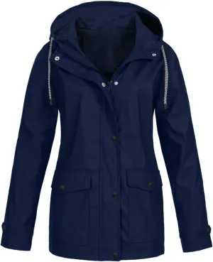 Womens Rain Coat Waterproof Lightweight Hooded Rain Jacket Outdoor Hiking Trench Windbreaker Raincoats With Pockets