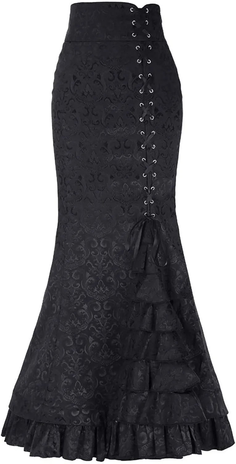 Women's Retro Lace-Up Drawstring Tiered Ruffle Maxi Long Mermaid Pencil Skirt Renaissance Skirt High Waisted Skirts