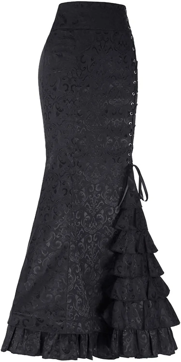 Women's Retro Lace-Up Drawstring Tiered Ruffle Maxi Long Mermaid Pencil Skirt Renaissance Skirt High Waisted Skirts