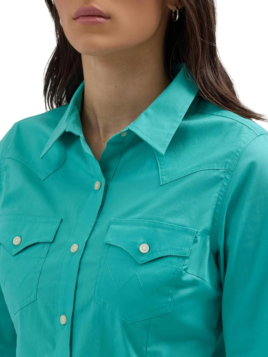 Women's Retro Long Sleeve Cool Blue Solid Western Shirt