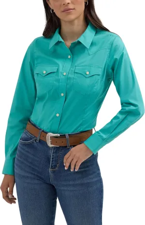 Women's Retro Long Sleeve Cool Blue Solid Western Shirt