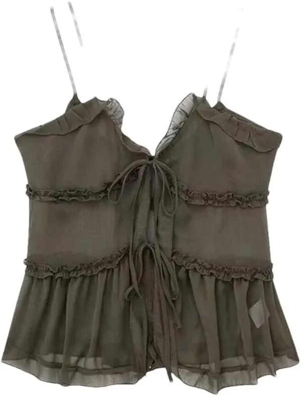 Women's Ruffle Camisole Tank Women Sleeveless Backless Spaghetti Strap Tank Top