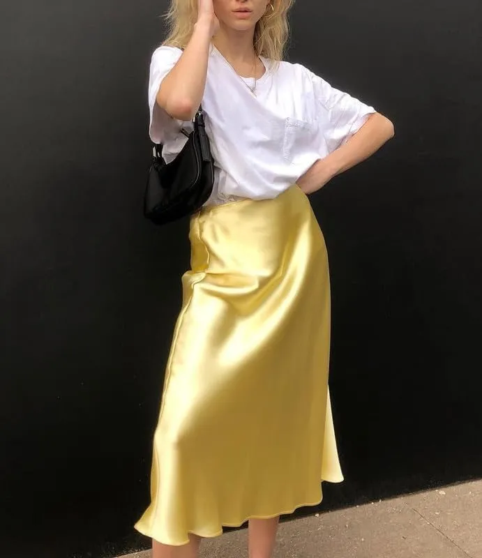 Womens Satin Maxi Skirt Silk Elegant High Waist Cocktail Midi Skirts A Line Flowy Ruffle Summer Party Skirt