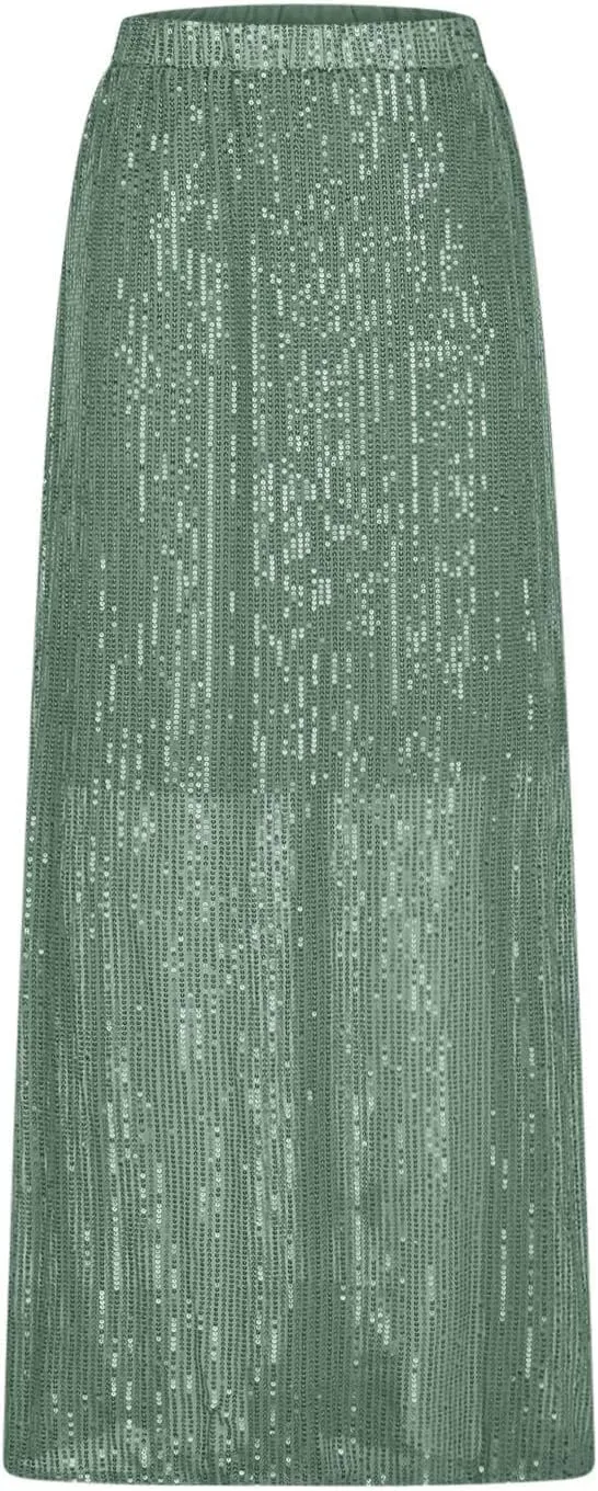 Women's Sequin Skirt for Party Shiny Sparkly A Line Swing Midi Skirt Elastic Wasit Stretch Long Skirts Sparkle Skirt