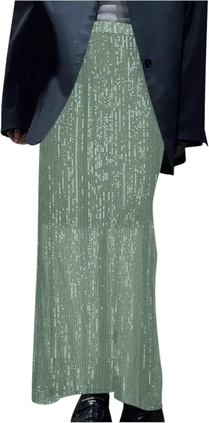 Women's Sequin Skirt for Party Shiny Sparkly A Line Swing Midi Skirt Elastic Wasit Stretch Long Skirts Sparkle Skirt