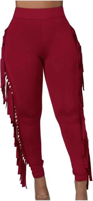 Womens Sexy Curvy Pants Fringed High Waist Skinny Slim Fit Trousers Tight Pants Trendy Casual Solid Long Trousers