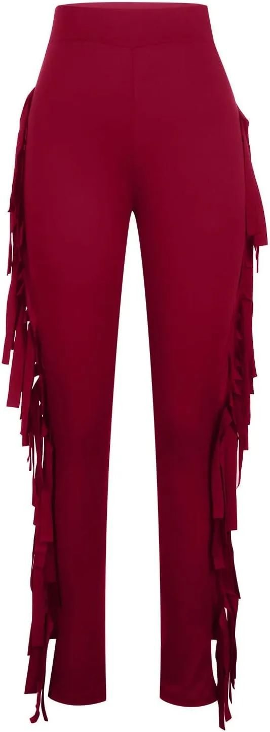 Womens Sexy Curvy Pants Fringed High Waist Skinny Slim Fit Trousers Tight Pants Trendy Casual Solid Long Trousers