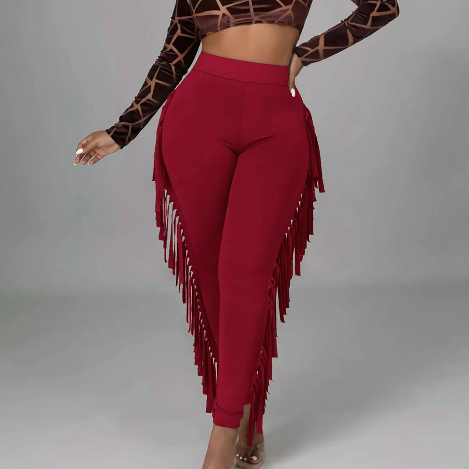 Womens Sexy Curvy Pants Fringed High Waist Skinny Slim Fit Trousers Tight Pants Trendy Casual Solid Long Trousers