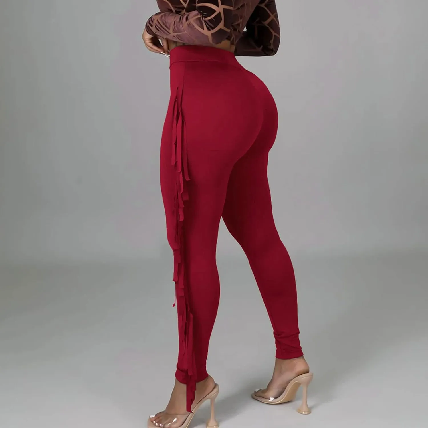Womens Sexy Curvy Pants Fringed High Waist Skinny Slim Fit Trousers Tight Pants Trendy Casual Solid Long Trousers