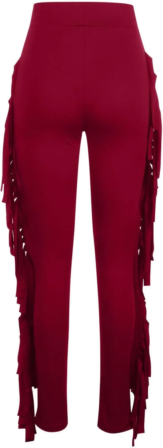 Womens Sexy Curvy Pants Fringed High Waist Skinny Slim Fit Trousers Tight Pants Trendy Casual Solid Long Trousers