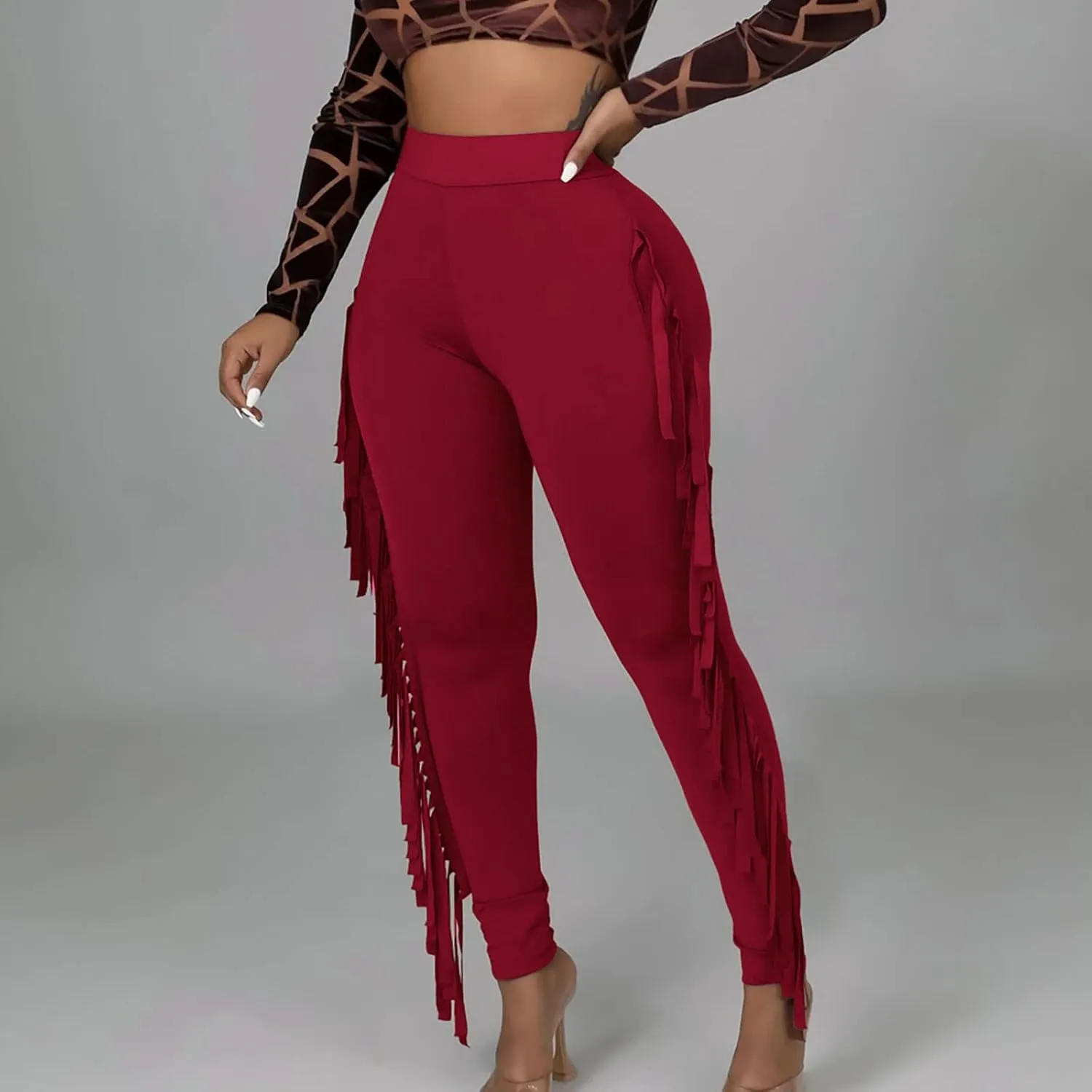 Womens Sexy Curvy Pants Fringed High Waist Skinny Slim Fit Trousers Tight Pants Trendy Casual Solid Long Trousers