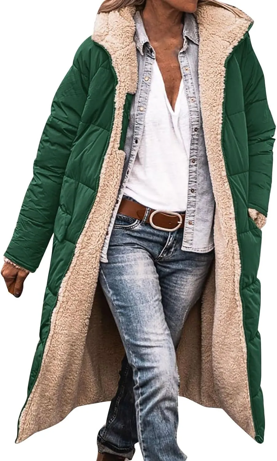 Womens Sherpa Wool Lined Puffer Jacket Double Faced Long Sleeve Hooded Down Jacket Thickened Thermal Long Overcoat
