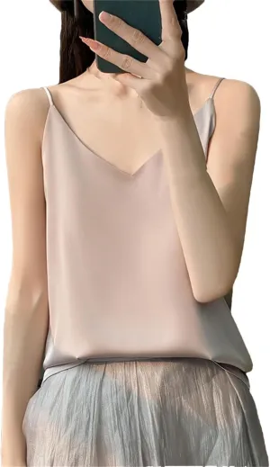 Women's Silky Camisole Sleeveless Top Satin Work Vest Casual Cami Shirt
