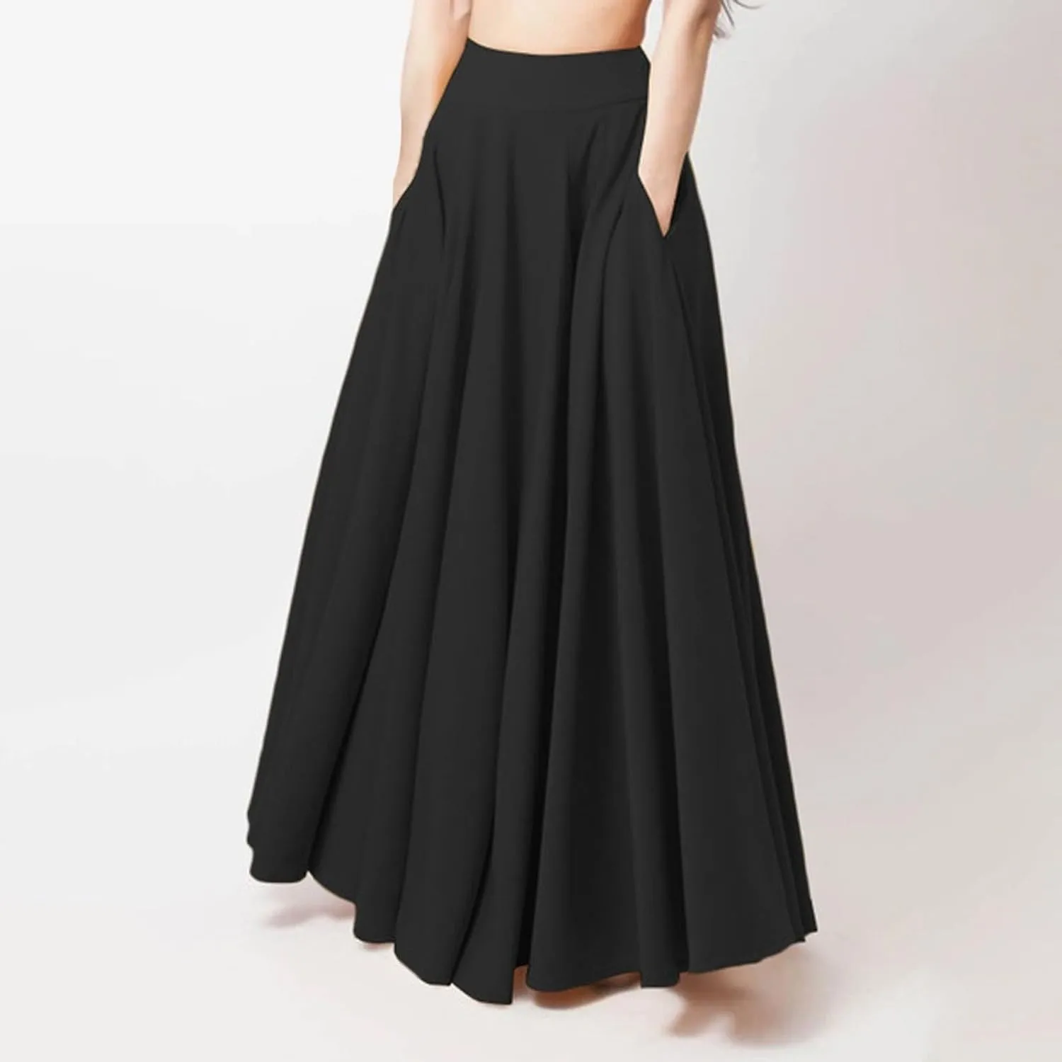 Womens Skirt Solid Color Midi Long Shirring Pleated Skirts High Waisted A Line Skirts Casual Skirt for Women