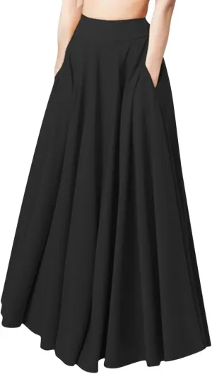 Womens Skirt Solid Color Midi Long Shirring Pleated Skirts High Waisted A Line Skirts Casual Skirt for Women
